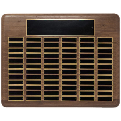 Walnut 72 Plate Perpetual Plaque with Black Brass 22" x 30"/Plates 7/8" x 2 3/4" American Plated Steel Plates