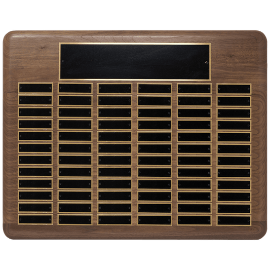 Walnut 72 Plate Perpetual Plaque with Black Brass 22" x 30"/Plates 7/8" x 2 3/4" American Plated Steel Plates