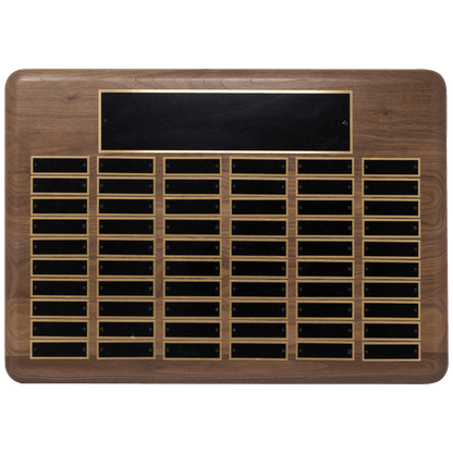 Walnut 96 Plate Perpetual Plaque with Black Brass 22" x 30"/Plates 7/8" x 2 3/4" American Plated Steel Plates