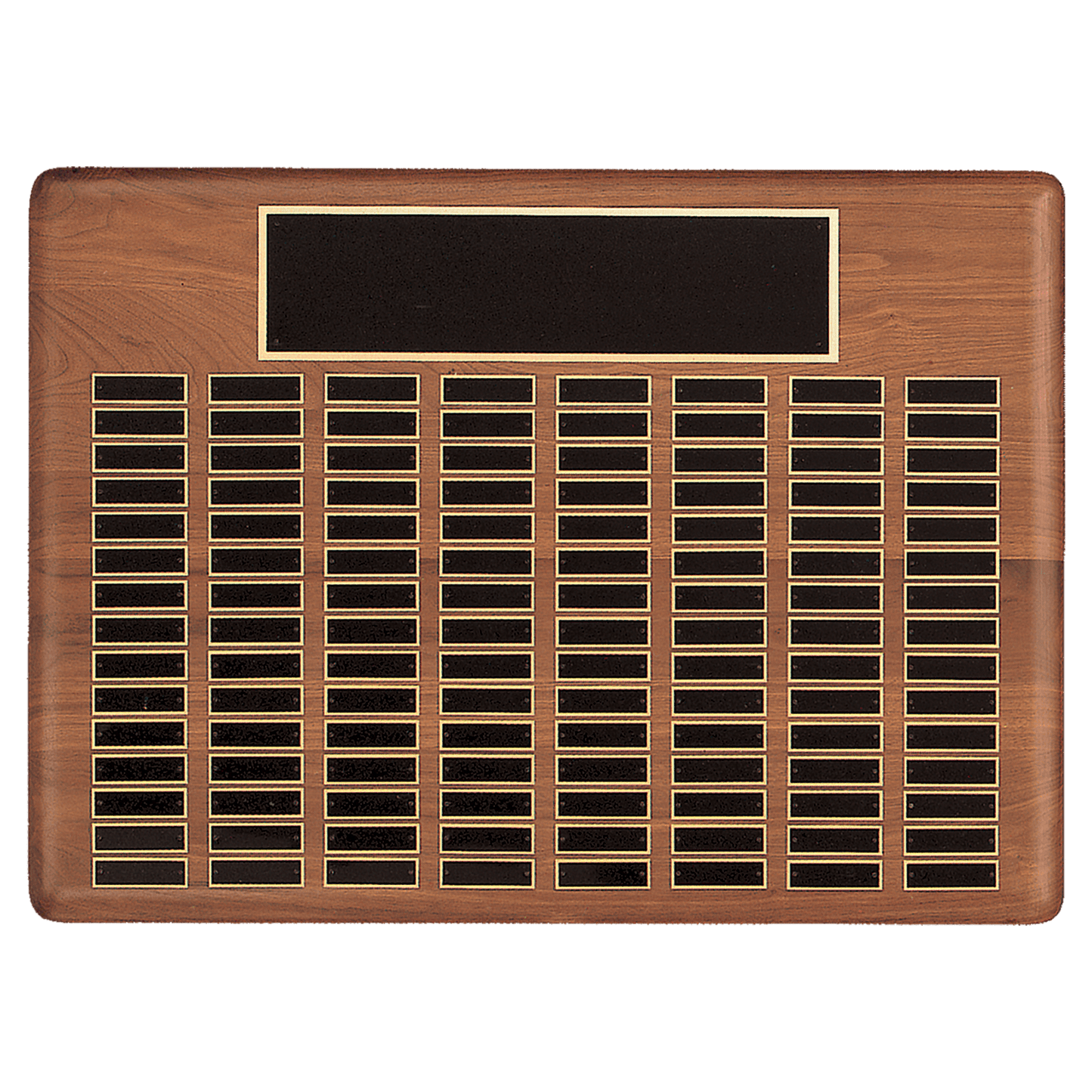 Walnut 144 Plate Perpetual Plaque with Black Brass 22" x 30"/Plates 7/8" x 2 3/4" American Plated Steel Plates