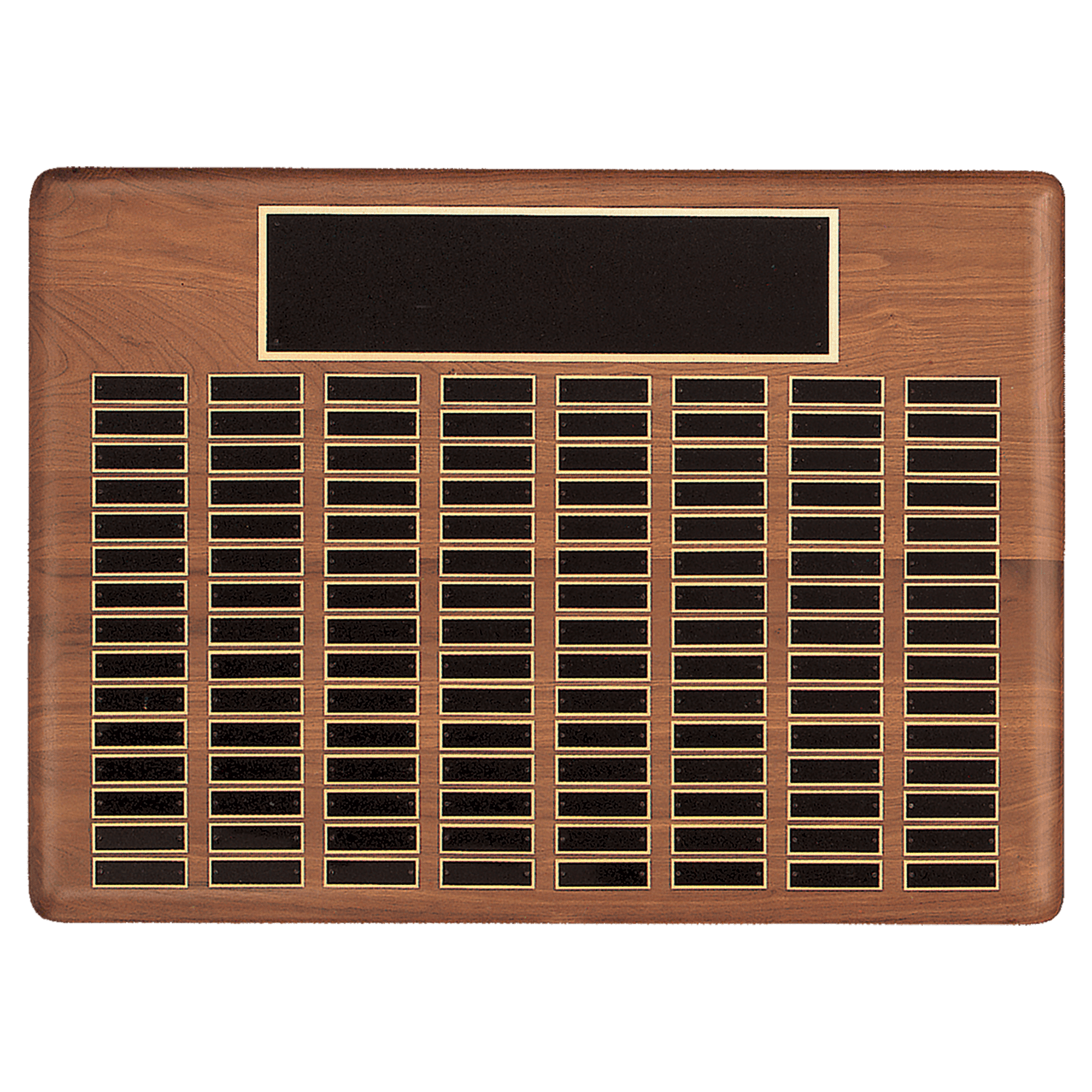 Walnut 144 Plate Perpetual Plaque with Black Brass 22" x 30"/Plates 7/8" x 2 3/4" American Plated Steel Plates