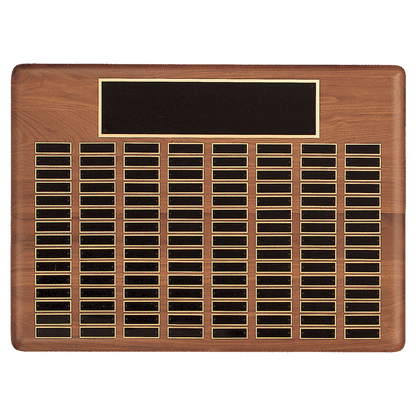 Walnut 144 Plate Perpetual Plaque with Black Brass 22" x 30"/Plates 7/8" x 2 3/4" American Plated Steel Plates