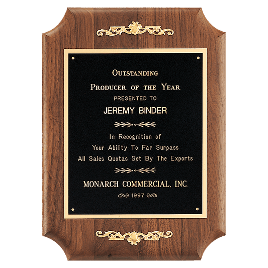 9" x 12" American Walnut Scalloped Corner Plaque with  Gold Scrolls and Go ld Border Black Laser Engravable Plate