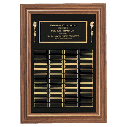Walnut 48 Plate Perpetual Plaque with Black Brass 18" x 25"/Plates 7/8" x 2 3/4" American Plates
