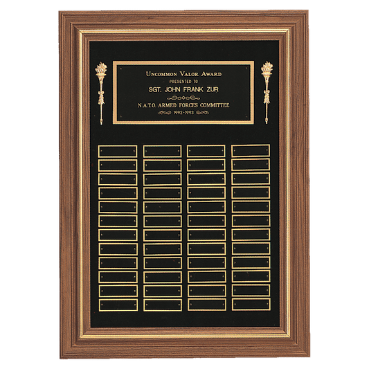 Walnut 48 Plate Perpetual Plaque with Black Brass 18" x 25"/Plates 7/8" x 2 3/4" American Plates