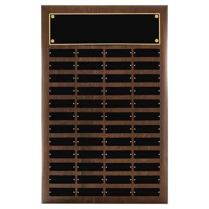 Walnut 48 Plate Perpetual Plaque with Black Brass 16" x 24"/Plates 1" x 3 1/4" American Plates