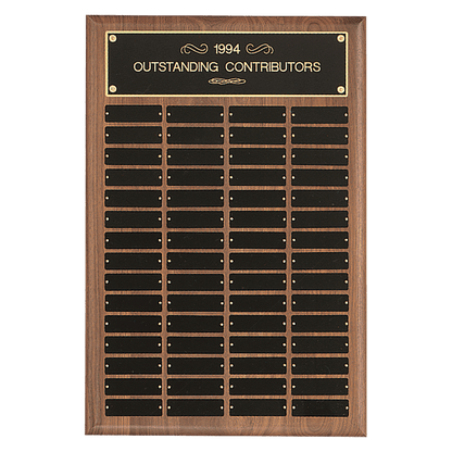 Walnut 60 Plate Perpetual Plaque with Black Brass 16" x 24"/Plates 1" x 3 1/4" American Plates