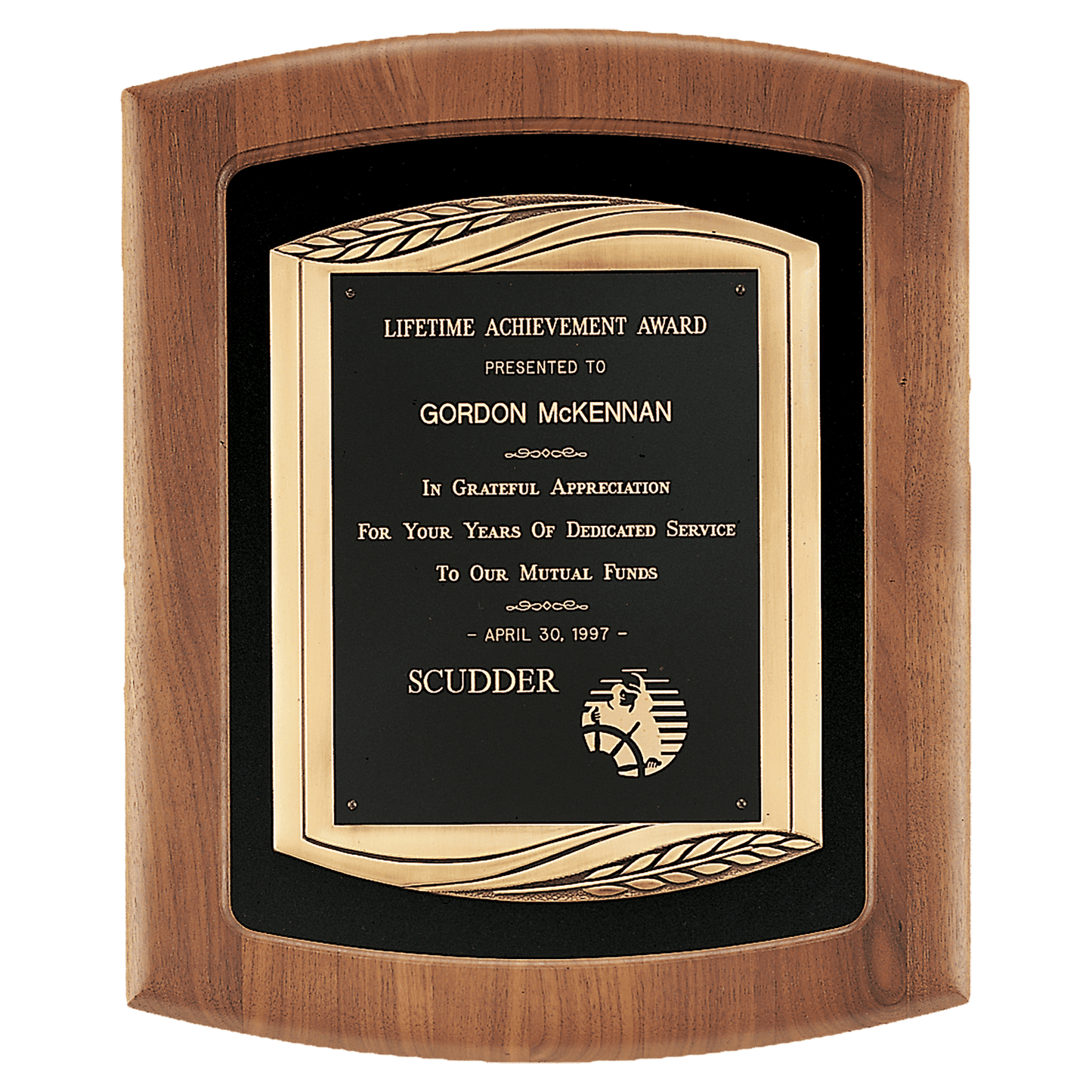Walnut Frame with Black Velour Background and Back Laser Engravable Plate in an Antique Bronze 14" x 17" American Finished Frame Casting