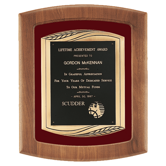 Walnut Frame with Maroon Velour Background and Black Laser Engravable Plate in an Antique Bronze 14" x 17" American Finished Frame Casting
