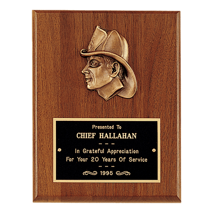 Walnut Plaque with Firefighter Relief and Black Brass 7" x 9" American Plate