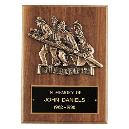 Walnut Plaque, Bronze Cast Fire Department "Bravest" with Black Brass 9" x 12" American Plate