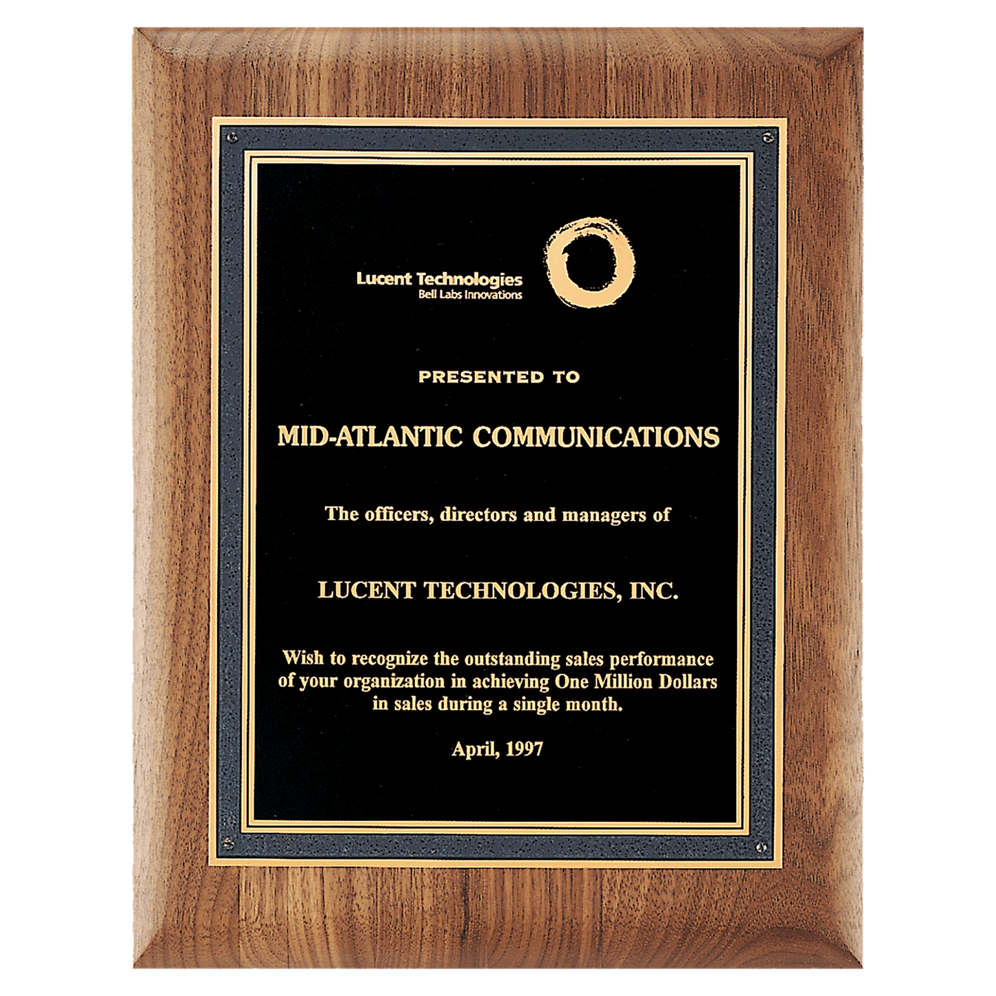 11" x 14" American Walnut Plaque with Black/Gold Florentine Border Textured Black LaserFX Plate