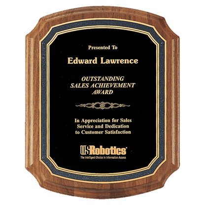 Walnut Plaque with Black/Gold Florentine Border Textured Black 9" x 12" American Plate