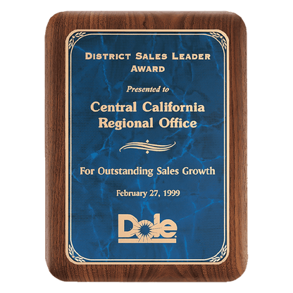 Walnut Plaque with Gold 8" x 10 1/2" American Border Sapphire Marble LaserFX Plate