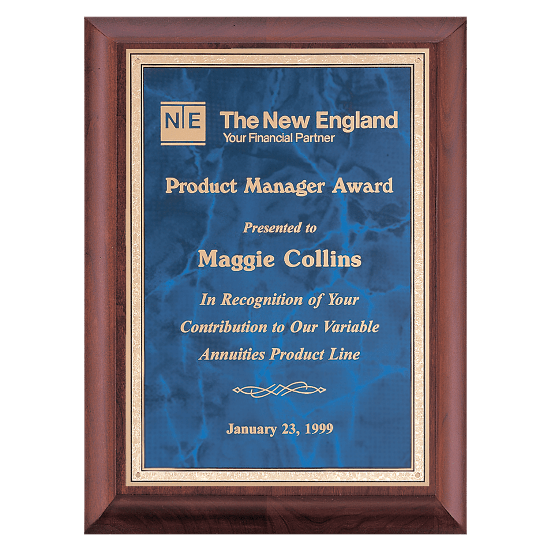 Cherry Finish Plaque with Sapphire Marble Gold 8" x 10" Hand Rubbed Border LaserFX Plate