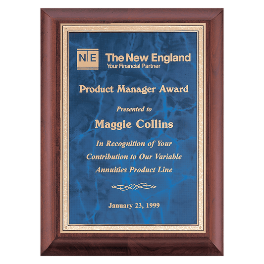 Cherry Finish Plaque with Sapphire Marble Gold 9" x 12" Hand Rubbed Border LaserFX Plate