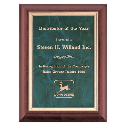 Cherry Finish Plaque with Emerald Marble Gold 8" x 10" Hand Rubbed Border LaserFX Plate