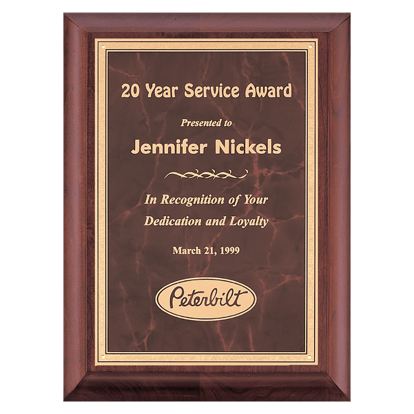 Cherry Finish Plaque with Ruby Marble Gold 7" x 9" Hand Rubbed Border LaserFX Plate
