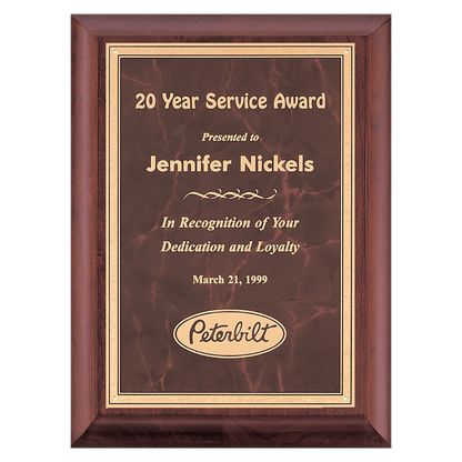 Cherry Finish Plaque with Ruby Marble Gold 7" x 9" Hand Rubbed Border LaserFX Plate