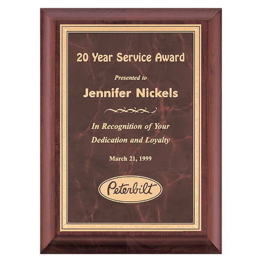 Cherry Finish Plaque with Ruby Marble Gold 7" x 9" Hand Rubbed Border LaserFX Plate