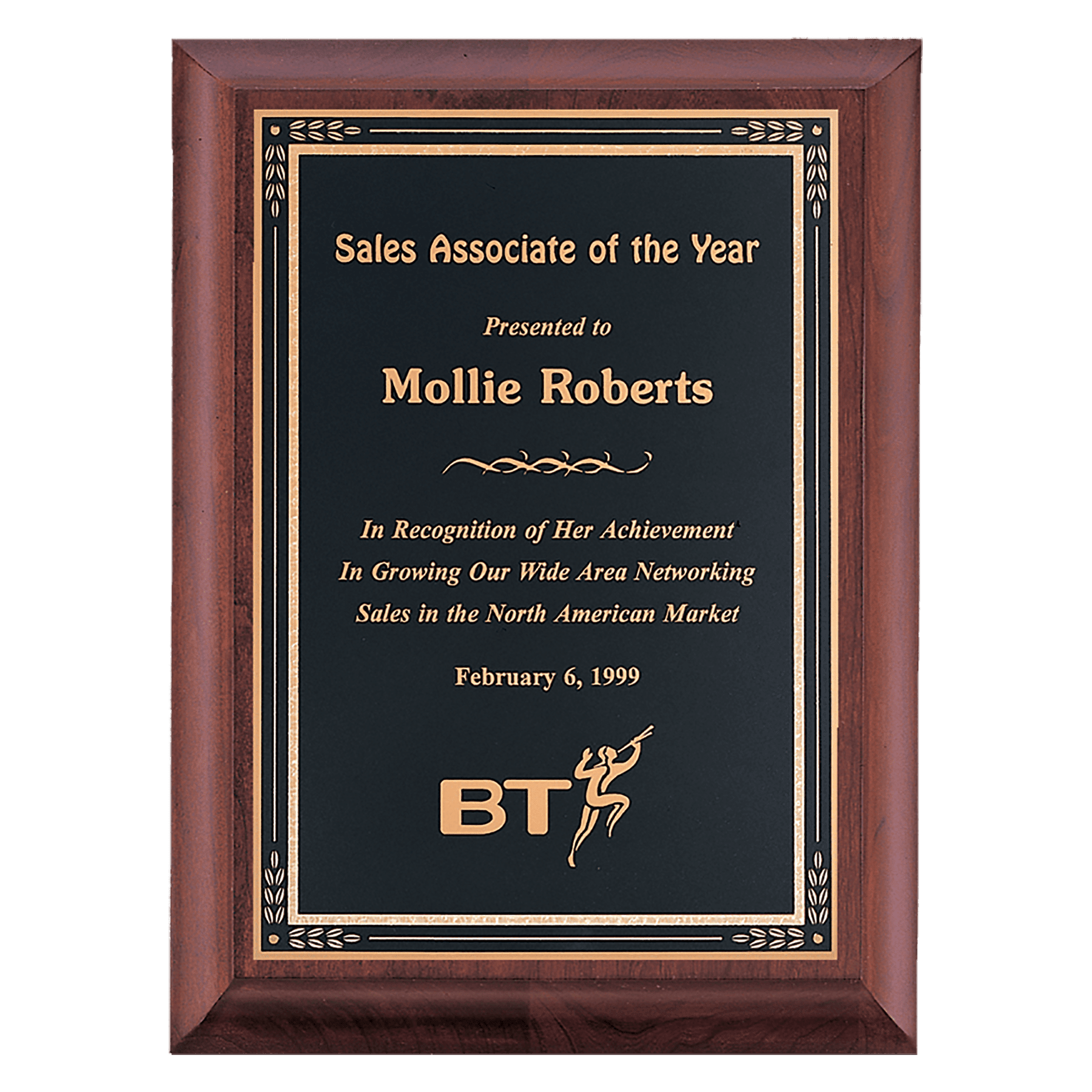 Cherry Finish Plaque with Black Gold 8" x 10" Hand Rubbed Florentine Border LaserFX Plate