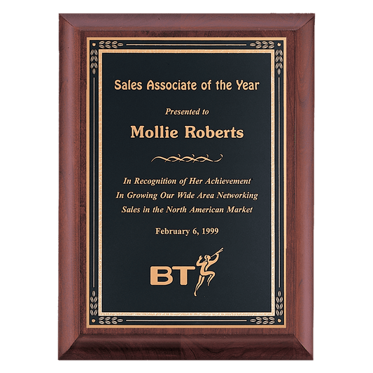 Cherry Finish Plaque with Black Gold 8" x 10" Hand Rubbed Florentine Border LaserFX Plate