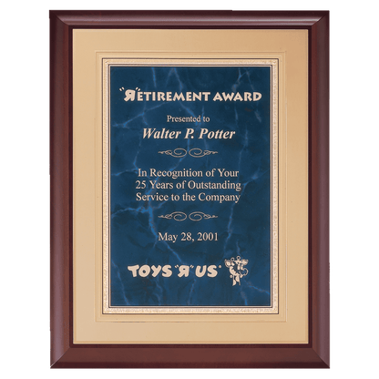 Cherry Finish Plaque with a Sapphire Gold Border Florentine LaserFX Plate on an Gold 11" x 14" Hand Rubbed Embossed Back Plate