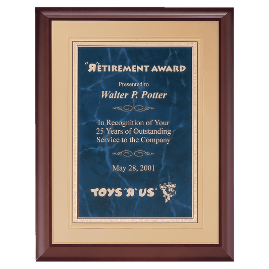 Cherry Finish Plaque with a Sapphire Gold Border Florentine LaserFX Plate on an Gold 11" x 14" Hand Rubbed Embossed Back Plate