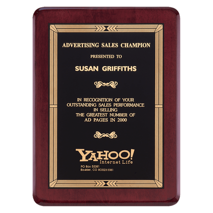 Rosewood Piano Finish Plaque with Gold Border Black Laserable Brass 2 9" x 12" Airflyte Premium Plate
