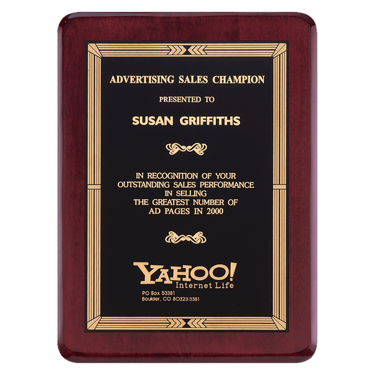 Rosewood Piano Finish Plaque with Gold Border Black Laserable Brass 2 9" x 12" Airflyte Premium Plate