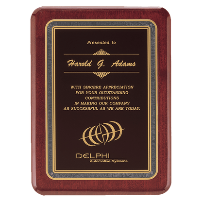 Rosewood Piano Finish Plaque with Black/Gold 9" x 12" Florentine Design LaserFX Plate