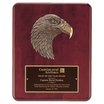 Rosewood Piano Finish Plaque with Finely Detailed Bronze Eagle Head Casting with Black Laserable Brass 10 1/2" x 13" Plate