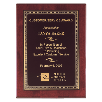 Rosewood Piano Finish Plaque with Gold Florentine Border Laserable Black Brass 8" x 10" Airflyte Premium Plate