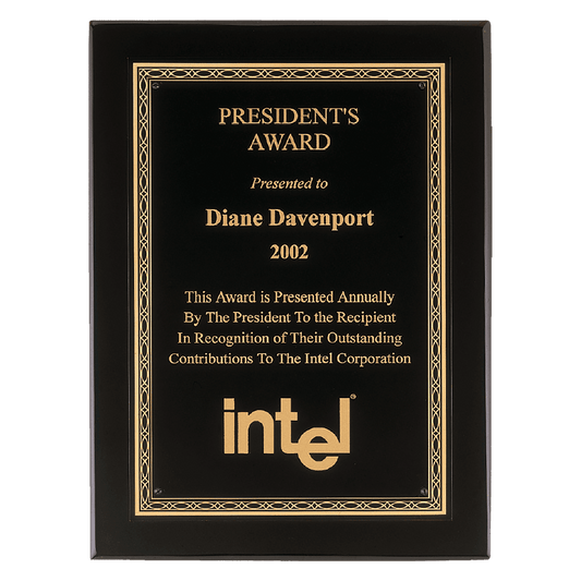 Black Piano Finish Plaque with Gold Florentine Border Laserable Black Brass 8" x 10" Airflyte Premium Plate