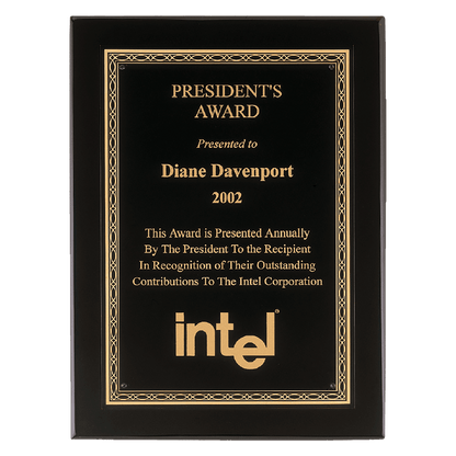 Black Piano Finish Plaque with Gold Florentine Border Laserable Black Brass 11" x 14" Airflyte Premium Plate
