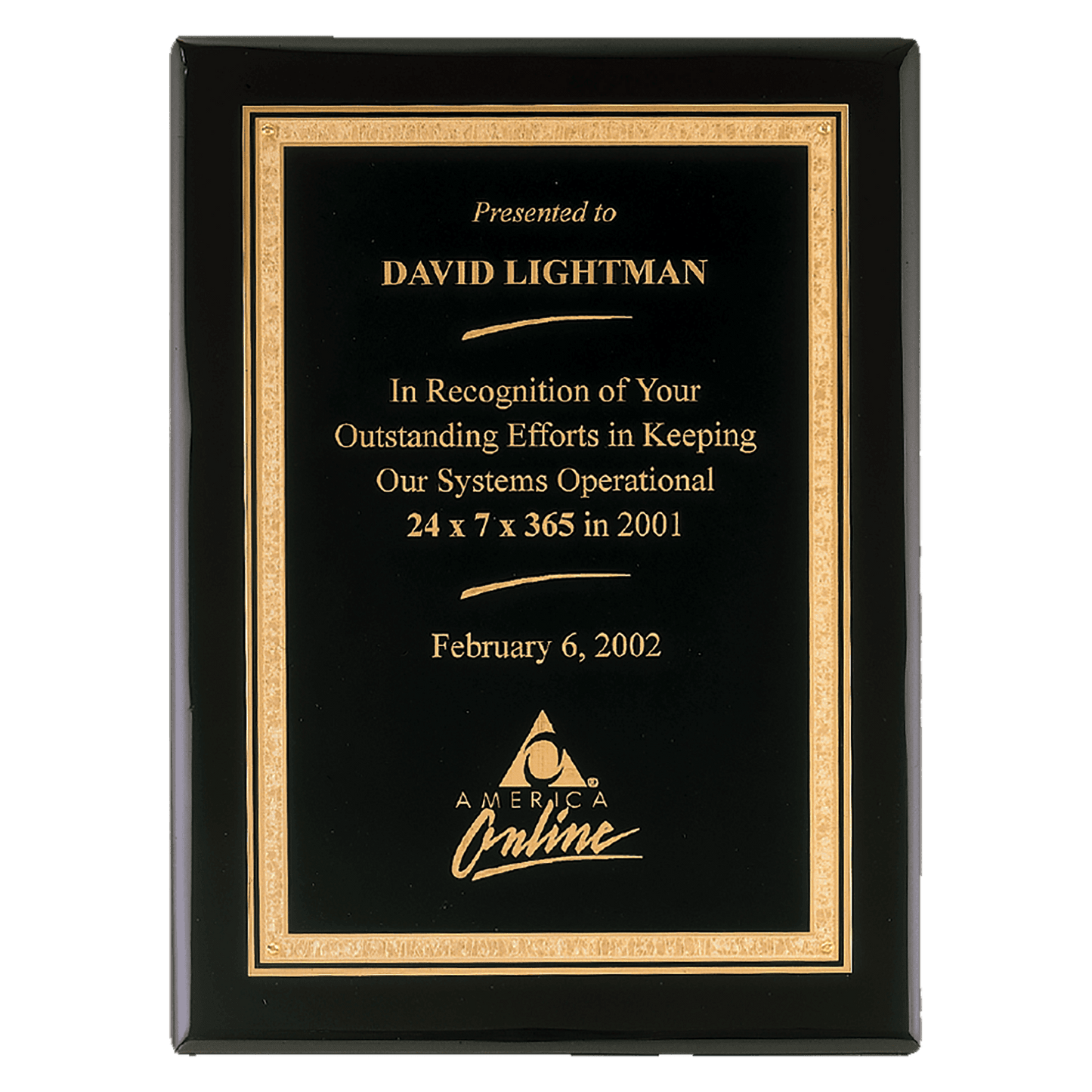 Black Piano Finish Plaque with Gold 7" x 9" Airflyte Premium Florentine Border LaserFX Plate