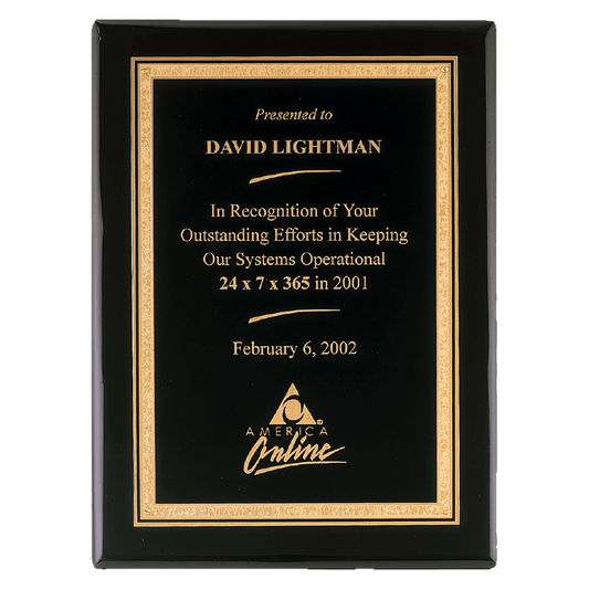 Black Piano Finish Plaque with Gold 7" x 9" Airflyte Premium Florentine Border LaserFX Plate