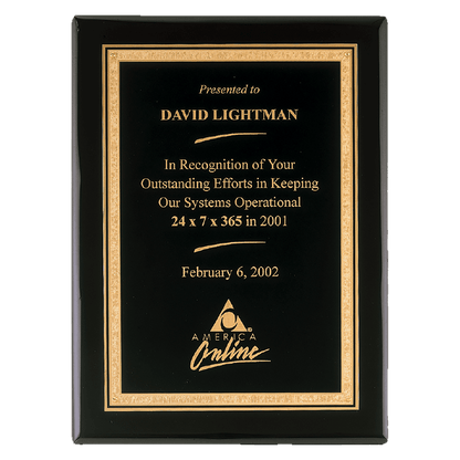 Black Piano Finish Plaque with Gold 9" x 12" Airflyte Premium Florentine Border LaserFX Plate