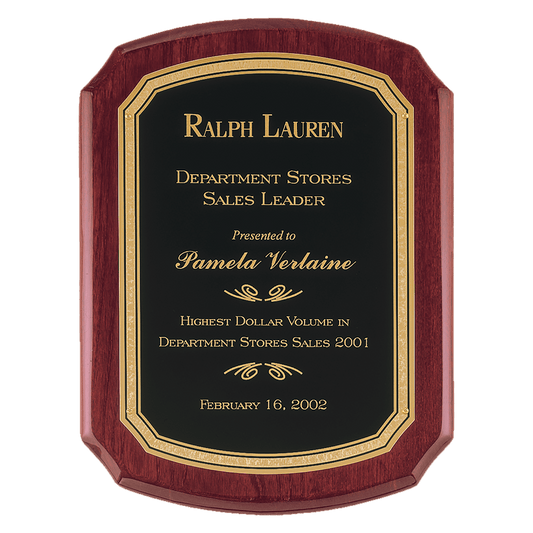 Rosewood Piano Finish Plaque with Black/Gold 8" x 10 1/2" Airflyte Florentine Border LaserFX Plate