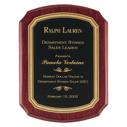 Rosewood Piano Finish Plaque with Black/Gold 9" x 12" Airflyte Florentine Border LaserFX Plate