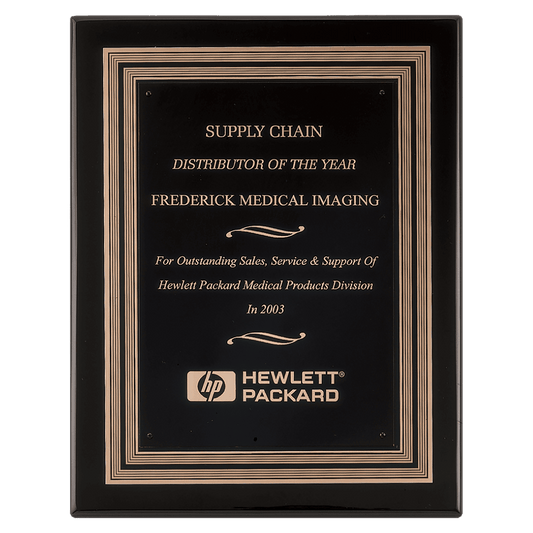 Black Piano Finish Plaque w/Black/Gold Embossed Back Plate & Black Brass 11" x 14" Plate