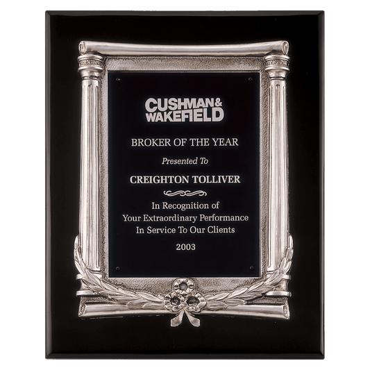 10 1/2" x 13" Black Piano Finish Plaque, Antique Silver Frame Casting & Black Aluminum Plate