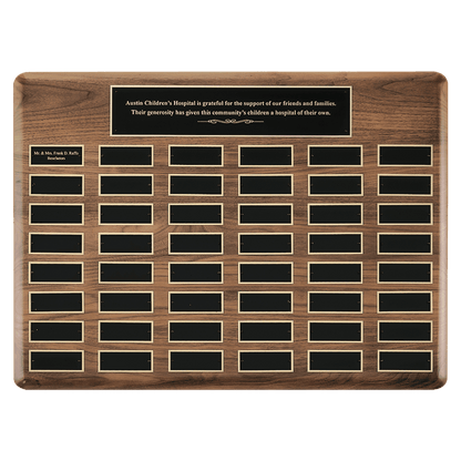 Walnut 36 Plate Perpetual Plaque with Black Brass 22" x 30"/Plates 1 1/2" x 3 3/4" American Plates