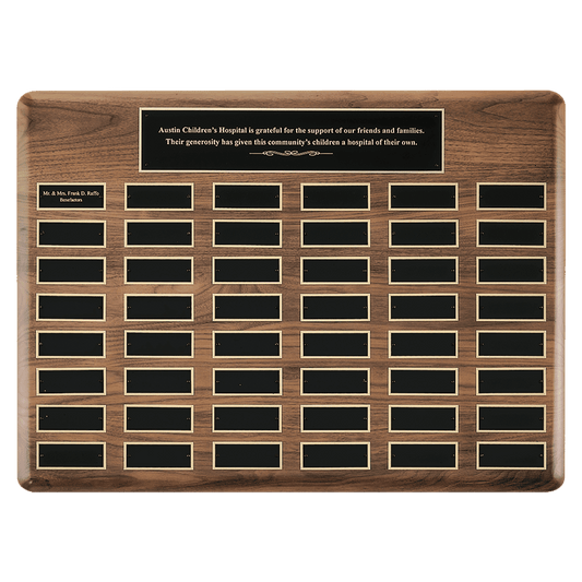 Walnut 36 Plate Perpetual Plaque with Black Brass 22" x 30"/Plates 1 1/2" x 3 3/4" American Plates