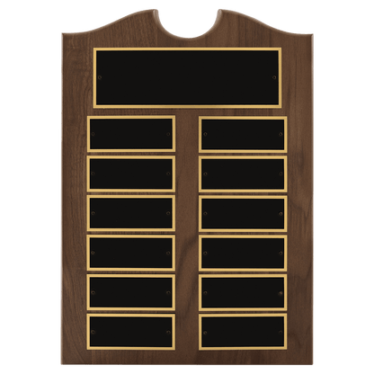Walnut 12 Plate Perpetual Plaque with Black Brass 2 11" x 15"/Plates 1 1/2" x 3 3/4" American Plates