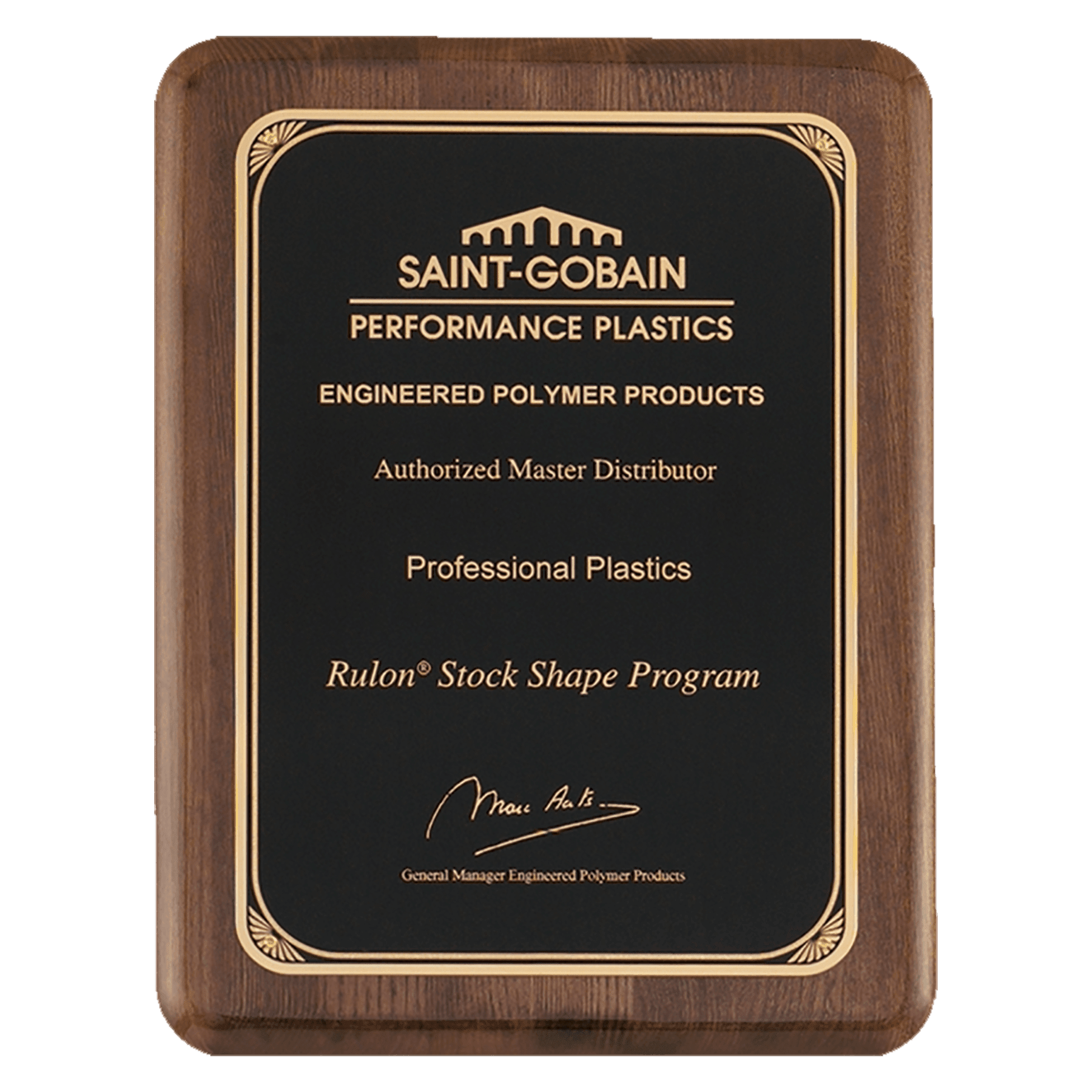 Walnut Piano Finish Plaque with Gold 9" x 12" Airflyte Premium Florentine Border LaserFX Plate