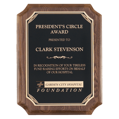 Walnut Piano Finish Plaque with Gold Florentine Border Black 7" x 9" Airflyte LaserFX Plate