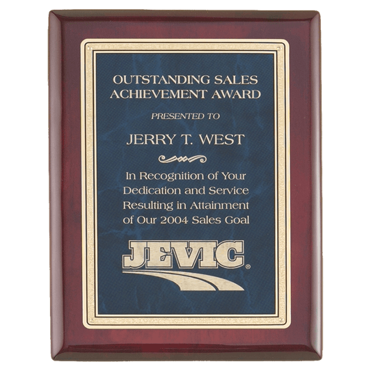 Rosewood Piano Finish Plaque with a Sapphire Marble/Gold 9" x 12" Florentine Design LaserFX Plate