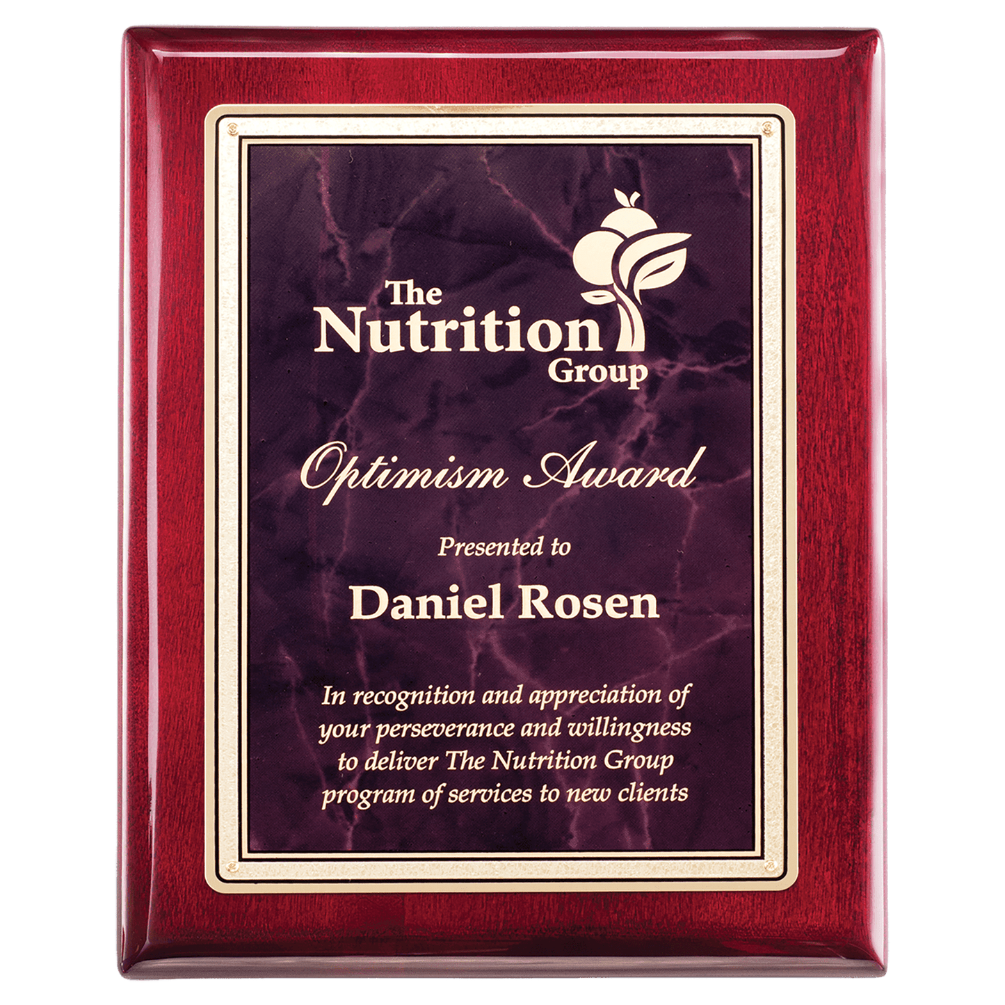 Rosewood Piano Finish Plaque with Ruby Marble/Gold 9" x 12" Florentine Design LaserFX Plate