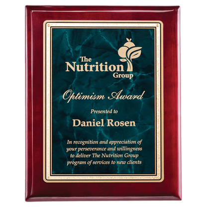 Rosewood Piano Finish Plaque with Emerald Marble/Gold 10 1/2" x 13" Florentine Design LaserFX Plate
